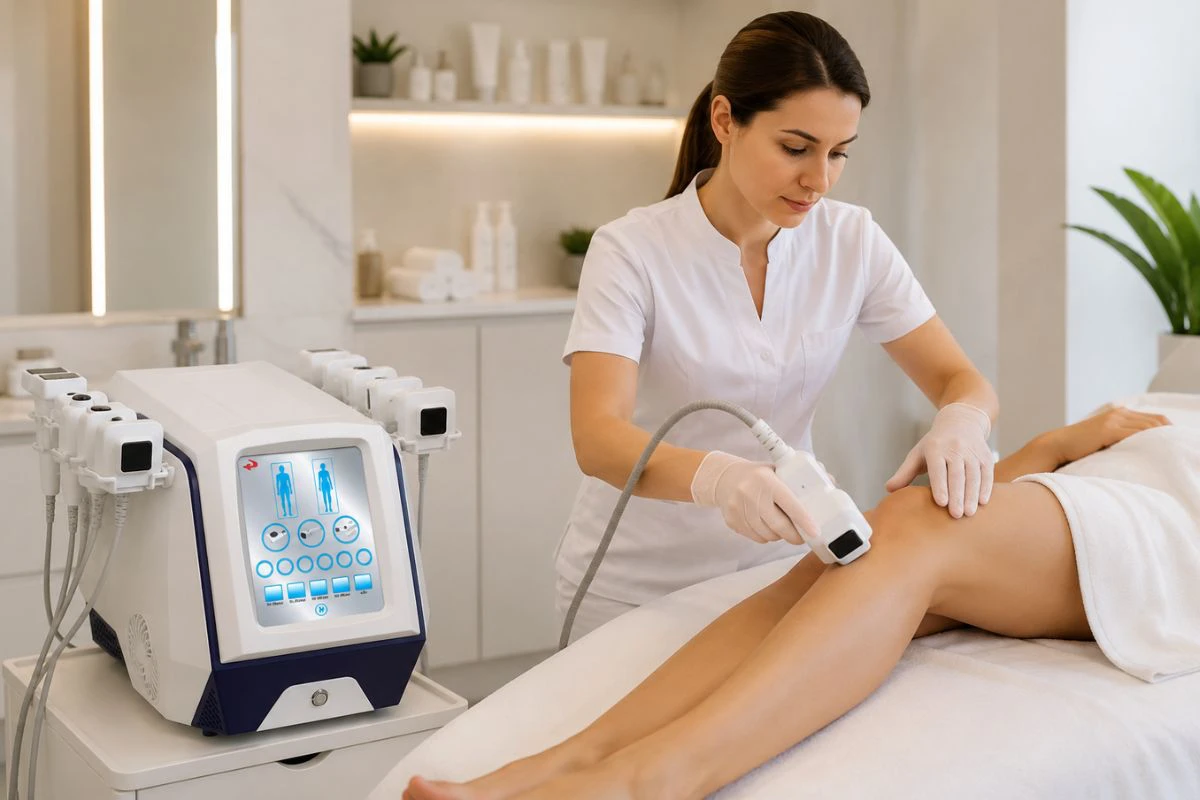 Estetista che effettua radiofrequenza corpo