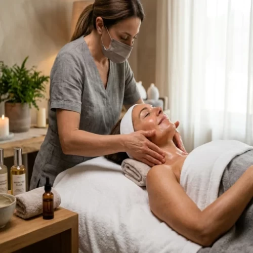 Professionista dell'estetica durante un trattamento skincare avanzato ispirato ai principi della Skin Longevity.